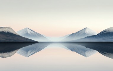 Serene landscape photo of snow-capped mountains reflected in a calm lake at dawn. Minimalist nature scene, perfect for desktop wallpaper or print.