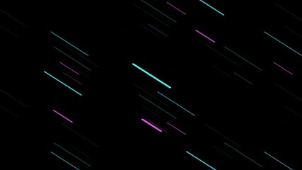 Animation of energetic composition of diagonal streaks in teal and purple, racing across a dark background, evoking a sense of speed and motion, reminiscent of light trails in a fast paced environment