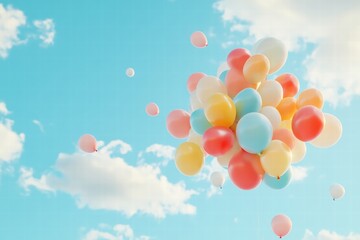 Fototapeta premium Colorful bunch of balloons floating high in a clear blue sky during a sunny day. Generative AI