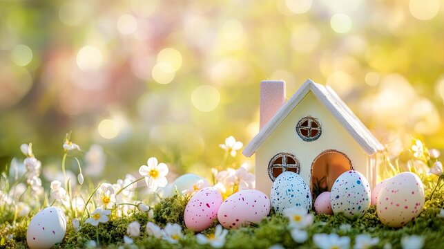 Decorative sweet home and easter eggs on spring floral background with bokeh