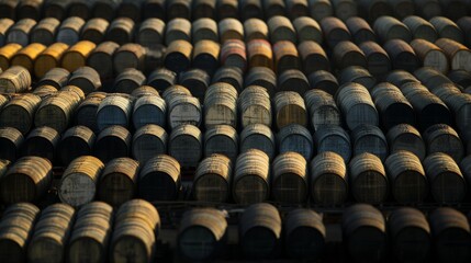 Fototapeta premium Oil barrels stacked in storage, symbolizing the global reliance on fossil fuels and the need for sustainable energy solutions.