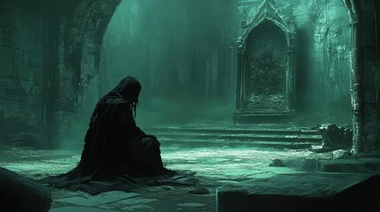 A hooded figure kneels before a stone archway in a cavernous, green-lit space.