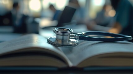 A stethoscope resting on an open book, with a medical student in the background.