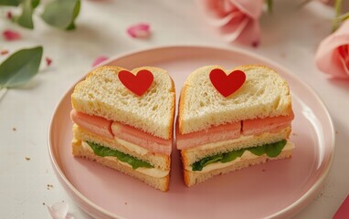Small heart-shaped sandwiches served on a pastel pink plate for valentines day