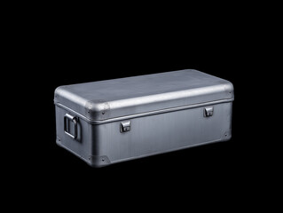 Enigmatic Metal Case Inclined Slightly Against a Dark, Mysterious Background