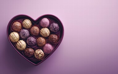 Obraz premium Heart-shaped chocolate box filled with assorted colorful truffles on a pastel lavender background for valentines day