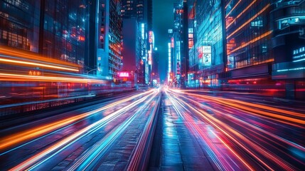 Futuristic cityscape with neon lights, flying cars, towering skyscrapers, glowing streets, abstract shapes, sleek architecture, dynamic lighting, and sci-fi elements in a high-tech urban environment.