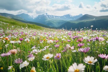 Obraz premium A vibrant green meadow adorned with colorful wildflowers under a bright blue sky surrounded by majestic mountains Alpine Meadow in Bloom Idyllic sunny day with fresh meadows and wildflowers 