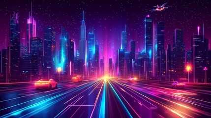 Futuristic cityscape with neon lights, flying cars, towering skyscrapers, glowing streets, abstract shapes, sleek architecture, dynamic lighting, and sci-fi elements in a high-tech urban environment.