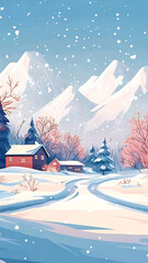 Snowy mountain village scene with houses, trees, and falling snow.