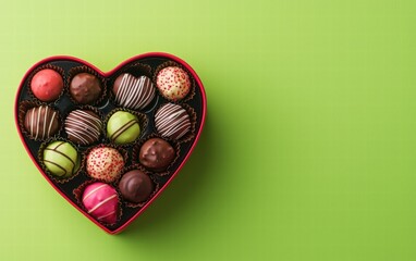 Heart-shaped chocolate box filled with assorted colorful truffles on a bright lime green background for valentines day