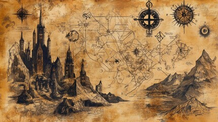 Ancient Map Illustrating Fantasy Realm Castles Mountains and Compass
