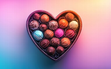 Obraz premium Heart-shaped chocolate box filled with assorted colorful truffles on a glowing rainbow gradient background for valentines day
