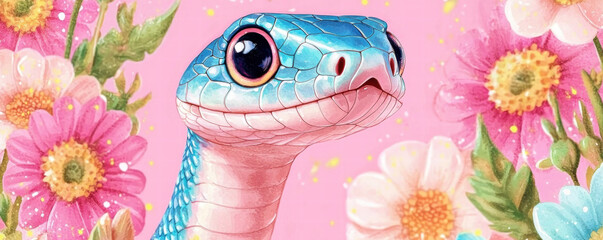 Chinese New Year. Colorful gecko surrounded by vibrant flowers on a pink background.