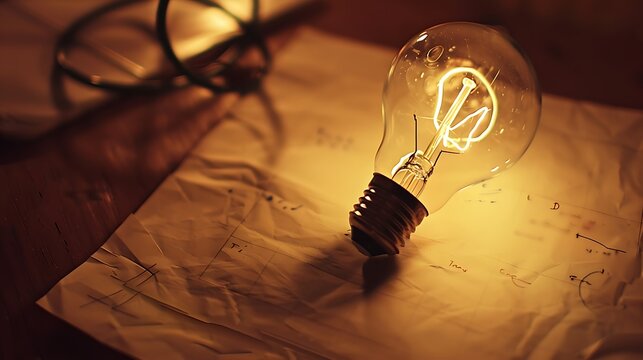 Illuminated lightbulb resting on scattered papers or blueprints. Warm light emphasizes the concept of ideas, innovation, and discovery. Focus on creativity and problem-solving.

