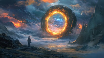 A lone figure gazing at a fiery ring portal in a fantastical landscape