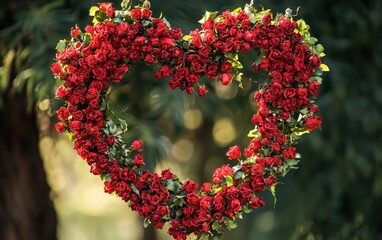 Intricate heart-shaped wreath made of small red roses for valentines day
