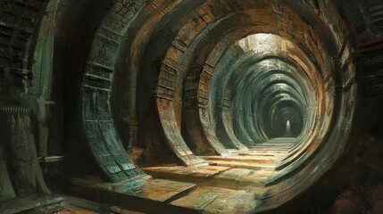 A winding tunnel made of stacked arches, leading to an unknown destination.