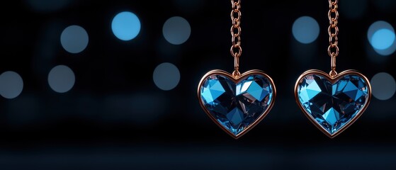 Two sparkling blue heart-shaped jewels hang delicately against a blurred dark background, creating an elegant and romantic atmosphere.