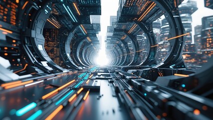 Obraz premium Futuristic tunnel illuminated with glowing elements and depth.