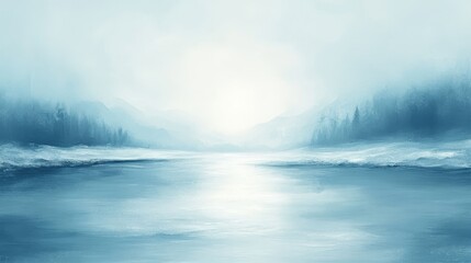 Naklejka premium Abstract winter landscape with blurred light blue background and soft, dreamy atmosphere. The snowfield ahead is out of focus, creating depth and an ethereal, tranquil scene for winter-themed designs.