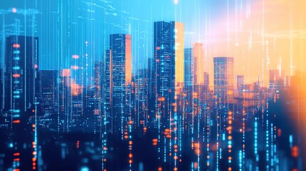 Fototapeta premium Digital cityscape with binary code and glowing lights, depicting the integration of technology in urban life. 
