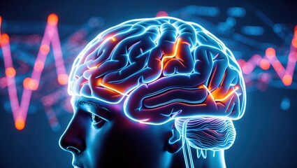 Obraz premium Neon-lit Human Brain: Neural Pathways & Data Visualization