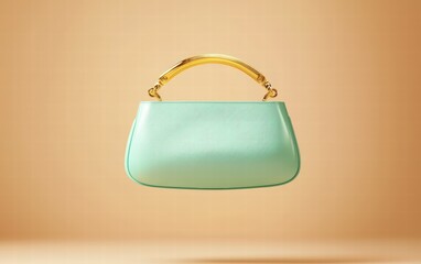 Pastel mint wristlet bag with a golden clasp gently floating mid-air on a soft beige background