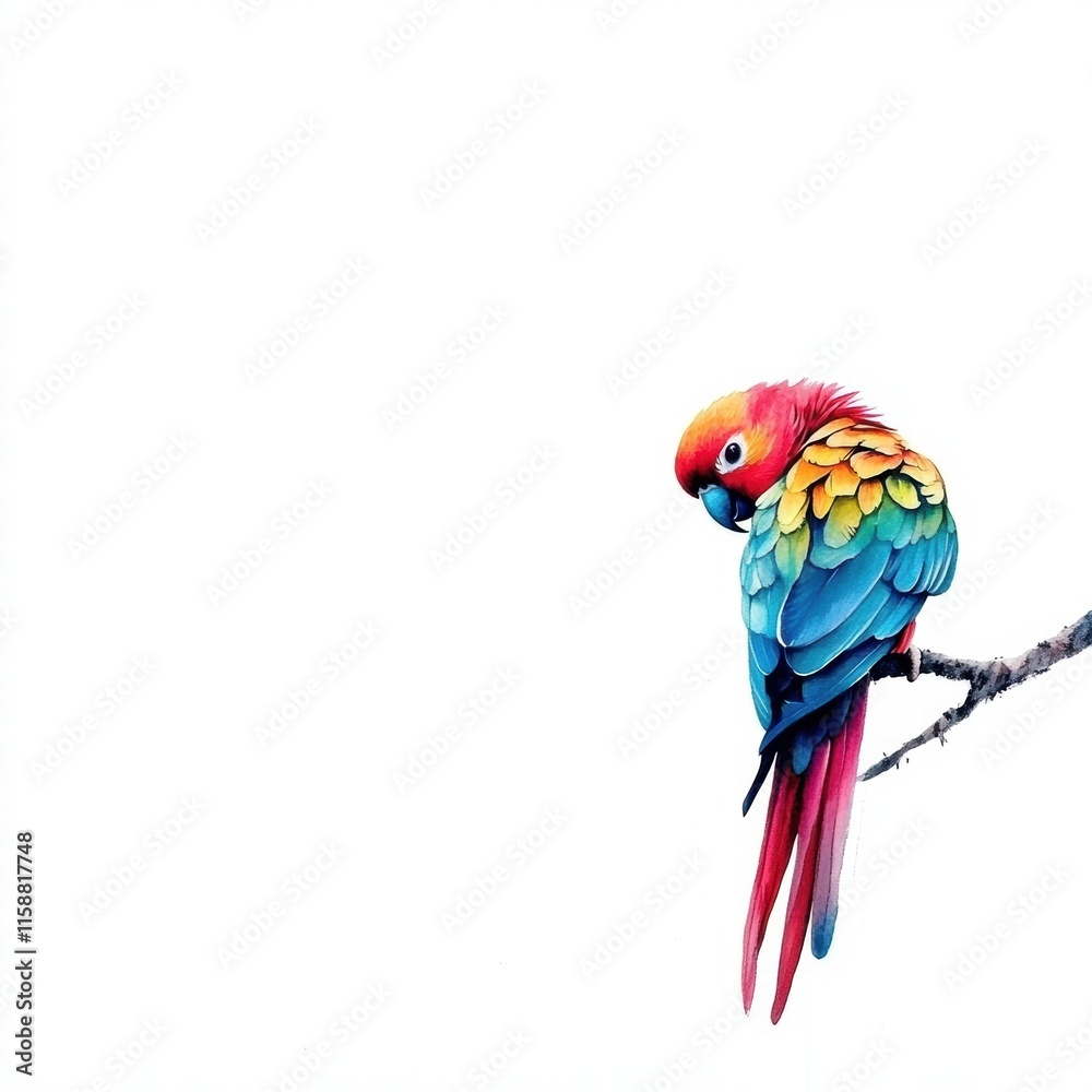 Poster Bright parrot perched on a branch with vibrant colors and ample copy space for creative designs. Generative AI