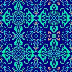 Vibrant Blue and Teal Floral Pattern: A seamless repeat textile design featuring a captivating array of stylized floral motifs in shades of teal and blue against a deep navy backdrop.