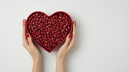 Obraz premium Valentine's Day chocolate candies in red heart shaped box, female hands