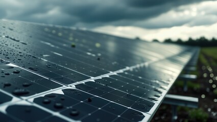 Wet Solar Panels Reflecting Cloudy Skies