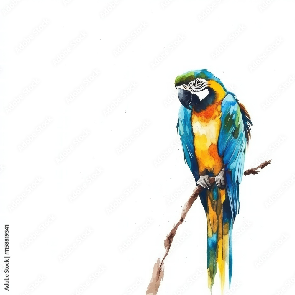 Poster Bright parrot perched on a branch with vibrant colors and ample copy space for text integration. Generative AI