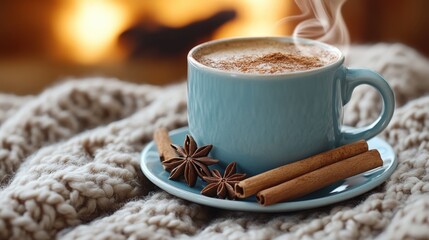 Steaming spiced coffee with cinnamon and star anise on a cozy knitted blanket