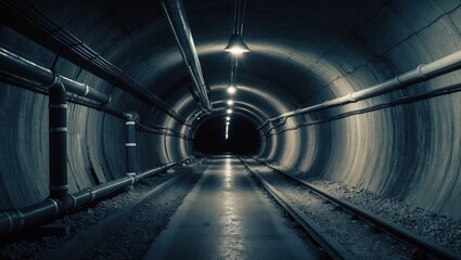 Dark underground railway tunnel with eerie lighting