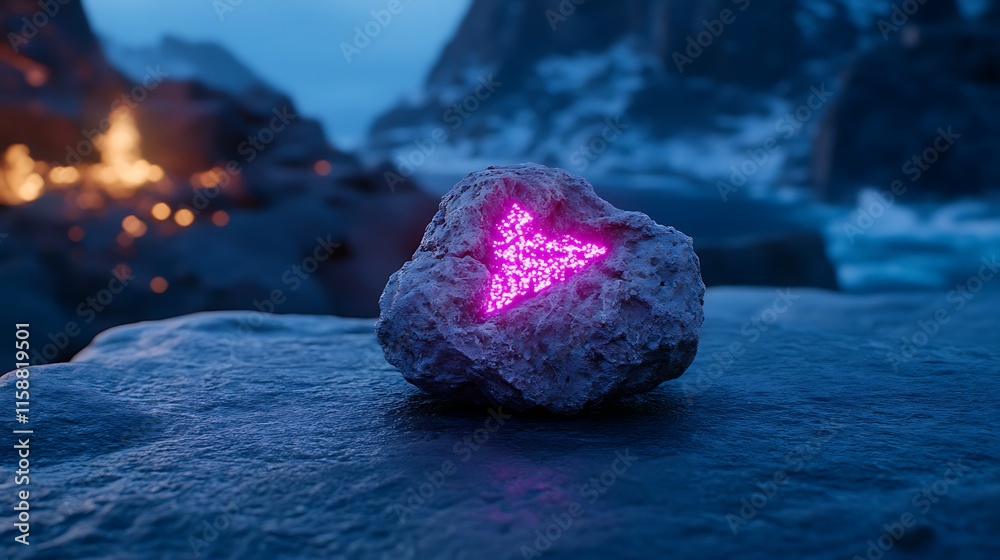 Canvas Prints Glowing pink triangle symbol inside a rock at night.