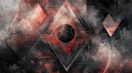 Abstract Geometric Composition with Red and Black Hues and a Circular Element