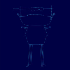 Blue drawing of a grill with a charcoal grill. The grill is in the middle of the image and is surrounded by a blue background