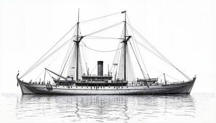 Detailed Pen and Ink Maritime Vessel Study with Steam and Sail Power