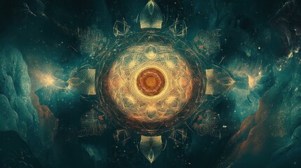 Abstract Cosmic Mandala with Golden Lines and Teal Background