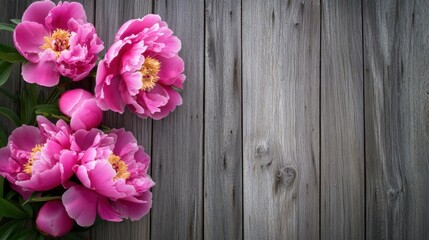A dynamic composition of vibrant pink peonies against a rustic wooden fence backdrop, angled shot, Naturalistic style
