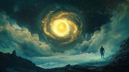 A Solitary Figure Gazes Up at a Glowing Vortex in the Night Sky