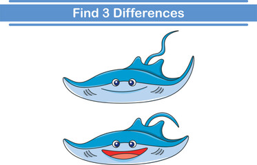 Education game for children find three differences between two stingrays animal cartoon. Vector illustration