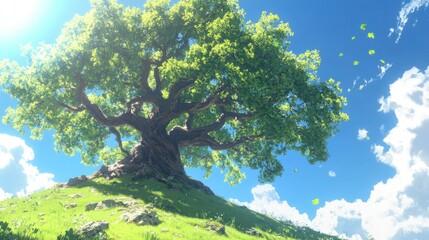 A massive oak tree with sprawling branches and vibrant green leaves, standing alone on a grassy hill under a bright blue sky, with detailed bark textures and sunlit foliage.