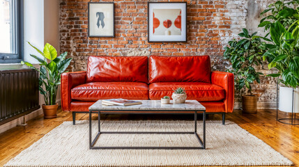 Background of a living room with a red leather sofa is sitting in front of a brick wall.