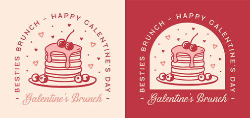 Galentine's Day besties brunch girls party theme printable invitation card cute pancakes hearts food illustration. Preppy coquette girly pink red retro vintage aesthetic Valentine event shirt design.