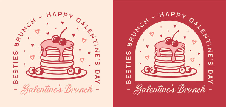 Galentine's Day besties brunch girls party theme printable invitation card cute pancakes hearts food illustration. Preppy coquette girly pink red retro vintage aesthetic Valentine event shirt design.