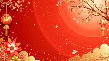 Chinese New Year Background, Chinese banner, Happy New Year 2025 poster. Dragon, 3d flowers, red background