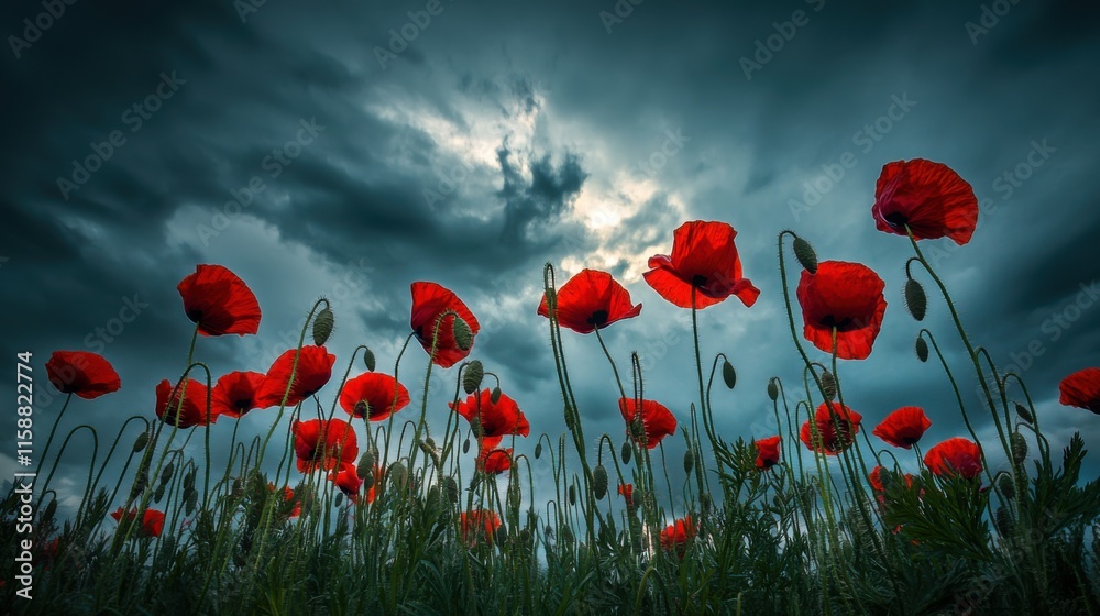 Poster a dynamic display of red poppies against a dramatic cloudy sky, angled shot, dramatic style