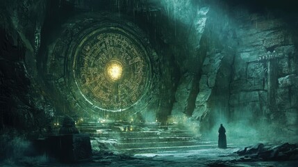 A lone figure stands before a glowing circular portal in a mysterious cavern.
